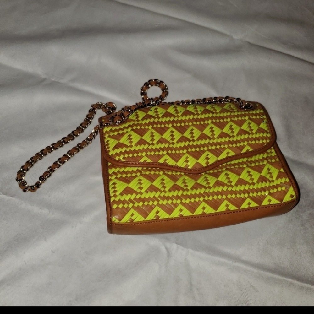 Rebecca Minkoff Woven Lime Green & Brown Leather Chain Crossbody Bag - Picture 6 of 11